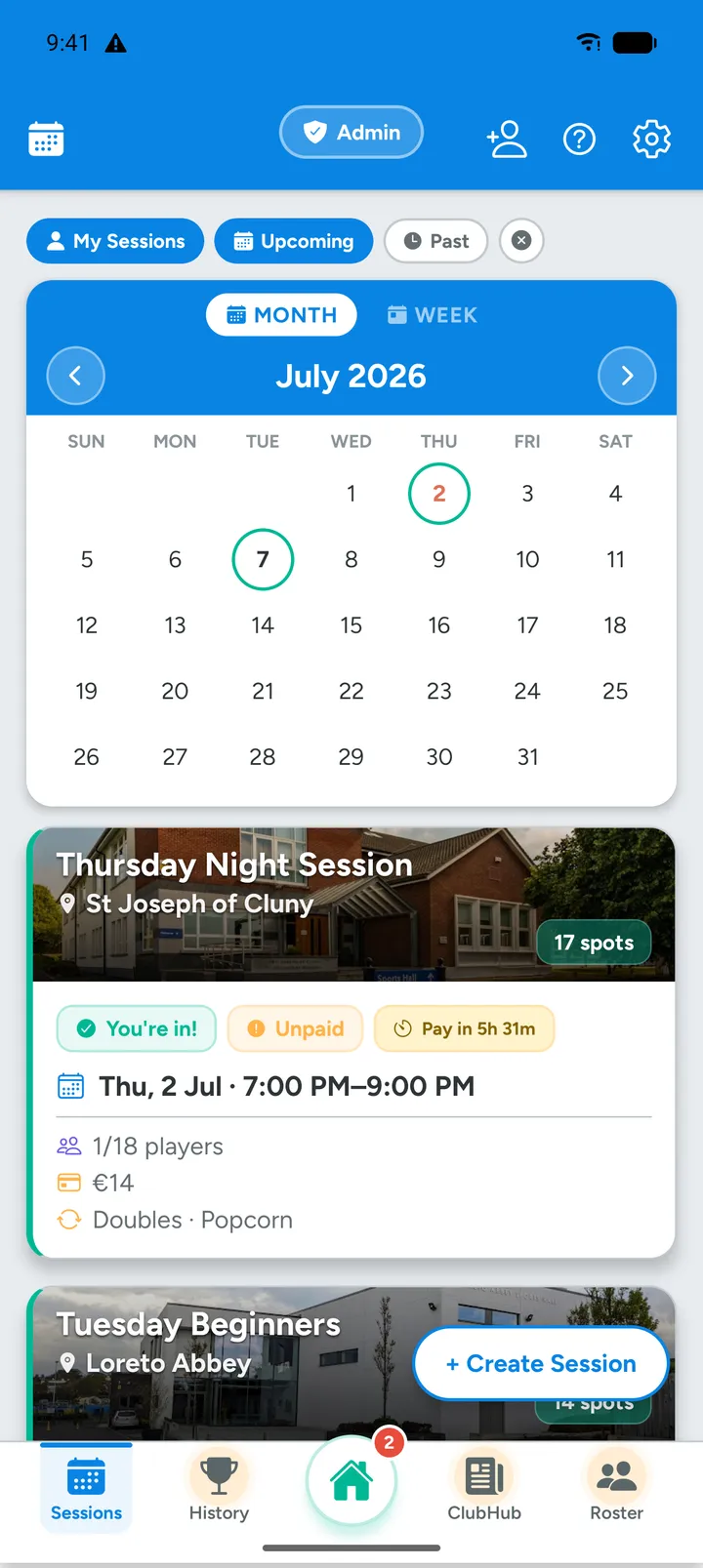 Booking a session in ClubPad